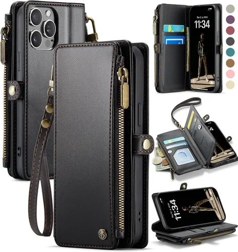 Vista 15 de Defencase Funda magnética para iPhone 13 Pro compatible con Magsafe con bloqueo RFID, correa de cremallera y tarjetero para mujer, funda de piel