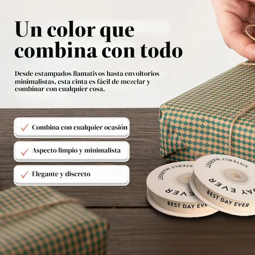 Vista 5 de Cinta de algodón en espiga personalizada, cinta de regalo natural de 5/8 pulgadas con frase impresa Best Day, 10 yardas El mejor día de la historia