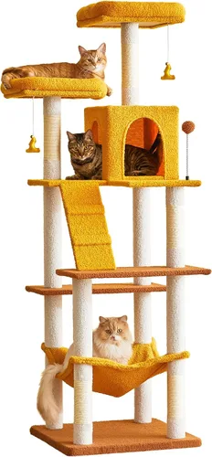 Vista 10 de MWPO - Árbol para gatos, multiestructura para gatos grandes con postes rascadores de sisal, plataforma acolchada, hamaca y condominio, torre Beige