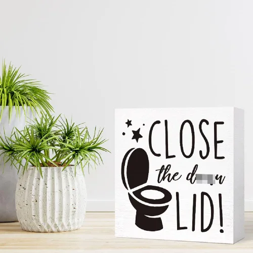 Vista 7 de SJNH Divertido letrero de madera para baño, letrero de bloque de madera para estante de baño, inodoro, decoración de escritorio de mesa, decoración