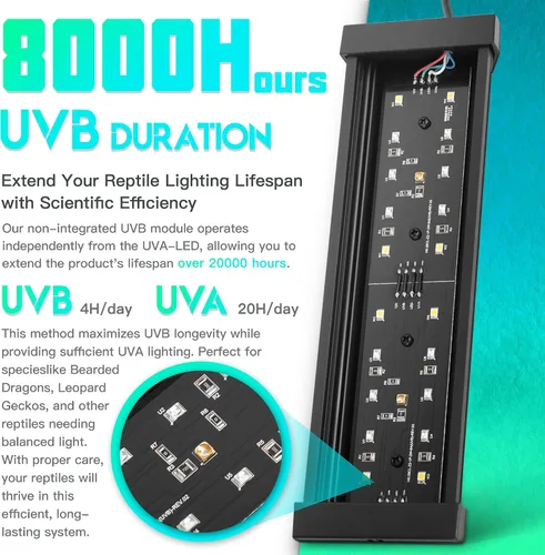 Vista 4 de Lámpara LED regulable UVB para reptiles, 8000 horas de duración UVB para una vida útil mucho más larga, ciclos ajustables de 4/8/12 horas, adecuada