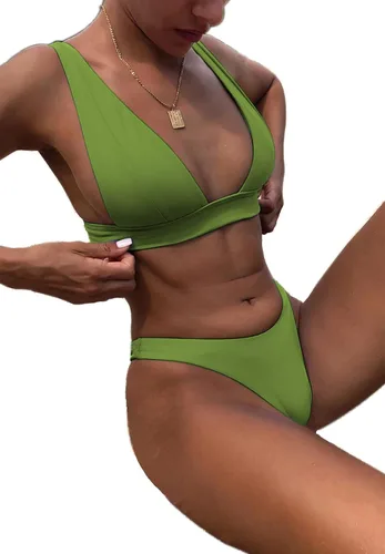 Vista 7 de Conjunto de bikini para mujer, traje de baño de dos piezas con cuello en V, parte superior triangular con cintura alta, sexy, traje de baño
