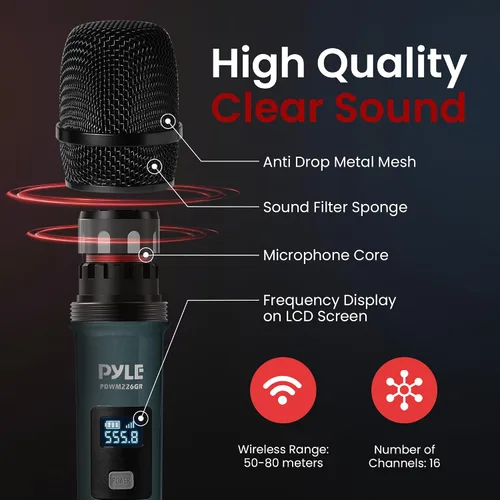 Vista 9 de Pyle Sistema Portátil de Receptor de Banda UHF, Sistema de Micrófono Inalámbrico de 4 Canales con Controles de Canal Independientes, Indicador LCD