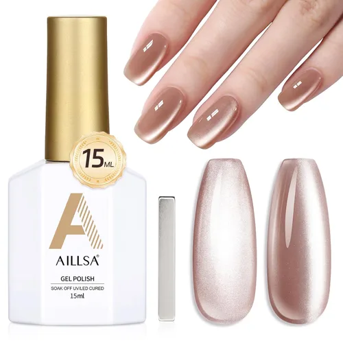 Vista 12 de AILLSA - Esmalte de uñas de gel ojo de gato color marrón con purpurina dorada con imán, esmalte de uñas de gel ámbar destello nude con cristales