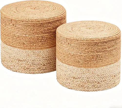 Vista 11 de Wimarsbon 2 puf otomanos, taburete de hierba marina natural, otomana redonda tejida a mano, asiento decorativo bohemio, puf trenzado de yute