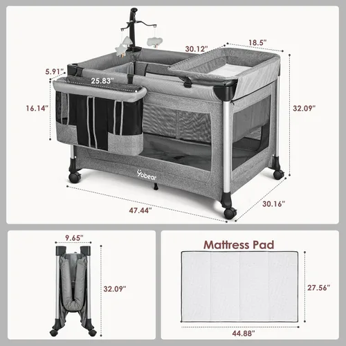 Vista 7 de Moisés para bebé 4 en 1 con colchón, configuración de un solo empuje, cuna de noche con cambiador de pañales de recién nacido a niño pequeño (gris)