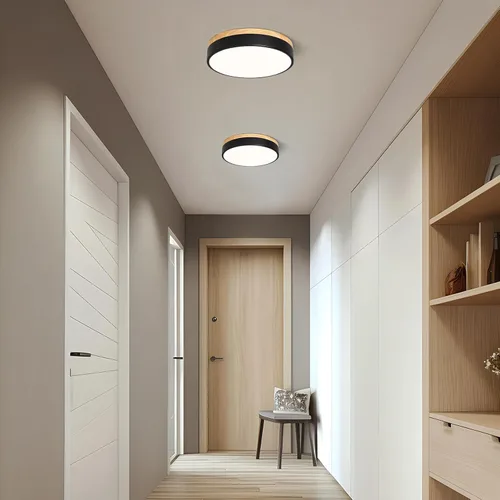 Vista 4 de Moderna lámpara de techo de madera regulable, lámpara de techo redonda negra LED empotrada, lámpara de techo minimalista para cocina, dormitorio