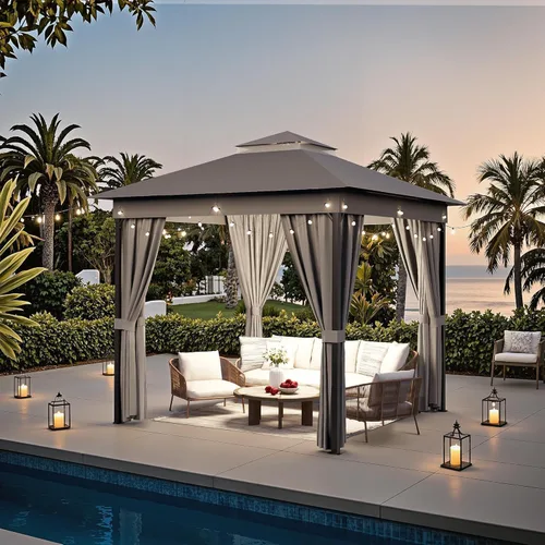 Vista 6 de Devoko Outdoor 8'x8' Gazebo, Small Soft Top Metal Frame Gazebo
