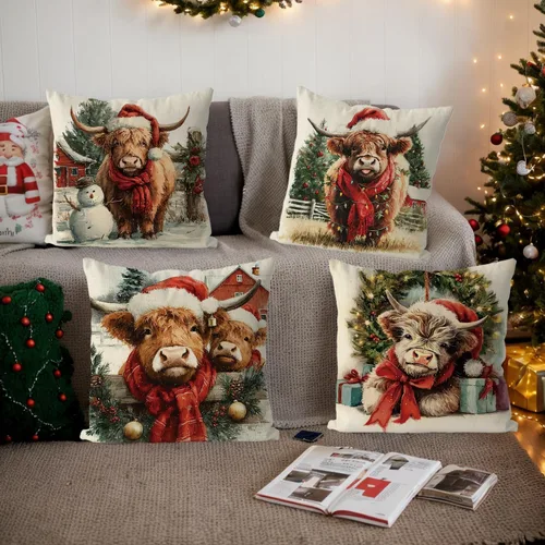 Vista 5 de Juego de 4 fundas de almohada de Navidad con diseño de vaca de las tierras altas, estilo campestre, vintage, para el hogar, sofá, sala de estar