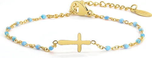 Vista 7 de Pulsera de Cuentas con Cruz Chapada en Oro de 14K para Mujeres, Pulsera de Acero Inoxidable Ajustable con Cruz de Fe Religiosa, Pulsera de Cadena
