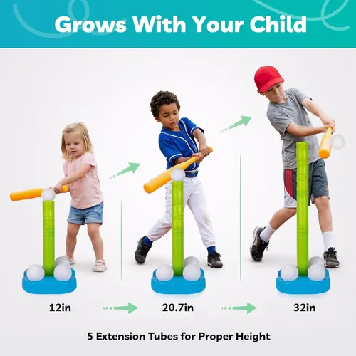 Vista 2 de Liberry Tball Set para niños pequeños con soporte de pelota de altura ajustable, base pesada y bate de béisbol para niños, juguetes deportivos, Verde
