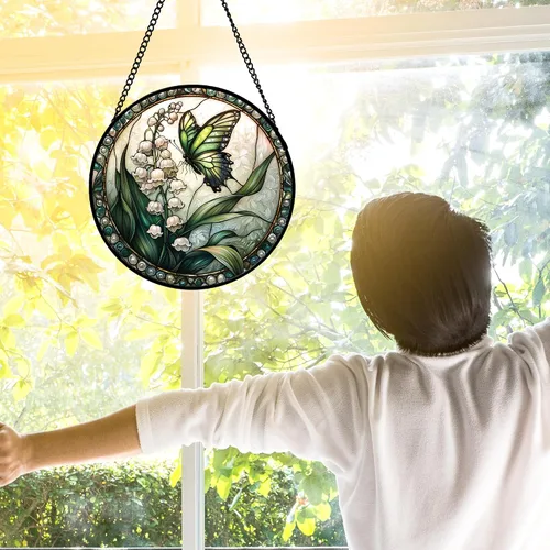 Vista 3 de DASTOLL Colgante de vidrio emplomado para ventana, diseño de lirio del valle, mariposa, atrapasol para puertas, hogar, atrapasoles decoración
