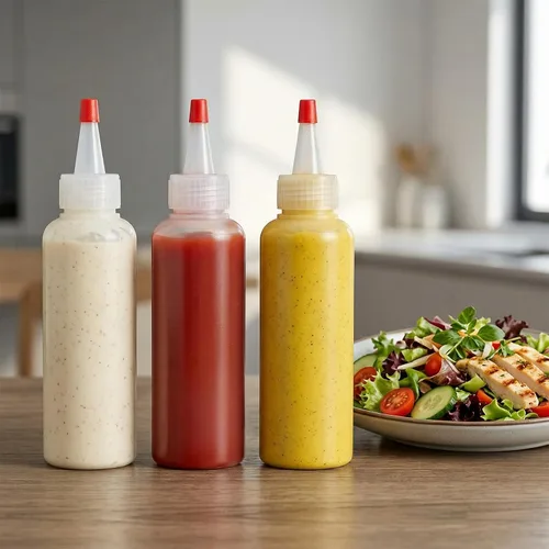 Vista 3 de 5 botellas de plástico para exprimir condimentos, botellas de 4 onzas con tapa superior roja giratoria, botella de plástico vacía para salsas