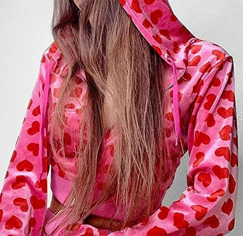 Vista 5 de Sudaderas cortas de terciopelo Y2K con estampado de corazón rosa para mujer, de manga larga, kawaii, lindas prendas de otoño e invierno, Rosado
