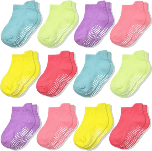 Vista 9 de ELUTONG - Calcetines antideslizantes para niños pequeños, paquete de 12 pares, calcetines de tobillo con agarre para bebés, niños y niñas de 0 a 7