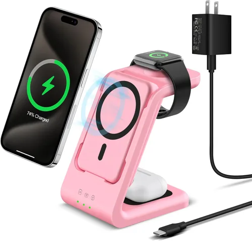 Vista 12 de Smtcsl Estación de Carga Inalámbrica 3 en 1: Soporte de Cargador de Banco de Energía Extraíble de 5000mAh para Teléfono/Reloj/Air Pods - Paquete