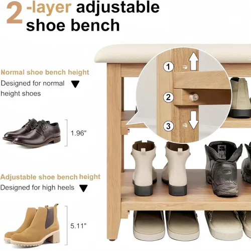 Vista 11 de Banco de almacenamiento de zapatos de madera con cojín de cuero