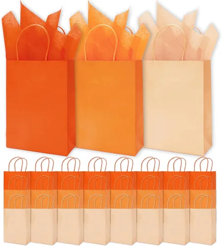 Vista 8 de Whaline 24 bolsas de regalo de papel marrón con asas, bolsas de compras de comestibles con 30 hojas de papel de seda de envoltura para vacaciones