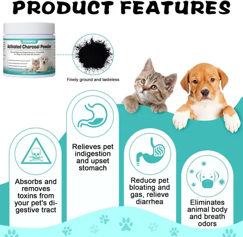 Vista 3 de Carbón activado para perros, gatos y todas las mascotas, carbón para intoxicación de perros, malestar digestivo y alivio de gases, soporte hepático