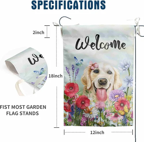 Vista 2 de Bandera floral de jardín Golden Retriever para jardín, banderas de bienvenida para exteriores de 12 x 18 pulgadas, bandera de perro de flores