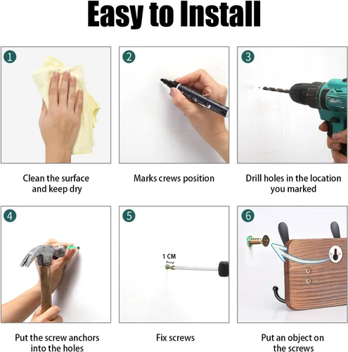 Vista 6 de Gohiuo Perchero Rústico para Montaje en Pared, Ganchos de Pared de Madera con 5 Ganchos Triples, Perchero de Madera Resistente para Colgar