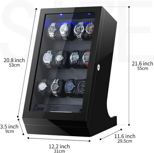 Vista 4 de TEEMING Caja de almacenamiento automática para 12 bobinadoras de relojes + 2 vitrinas de relojes, funda giratoria para relojes, motor silencioso