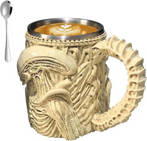 Vista 7 de Taza de 14 onzas con cuchara de extraterrestre, regalo para fanáticos Negro