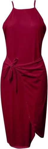 Vista 5 de Vestido de verano sin mangas para mujer vestido casual con cuello halter y abertura frontal vestido midi con cinturón Negro vino verde militar