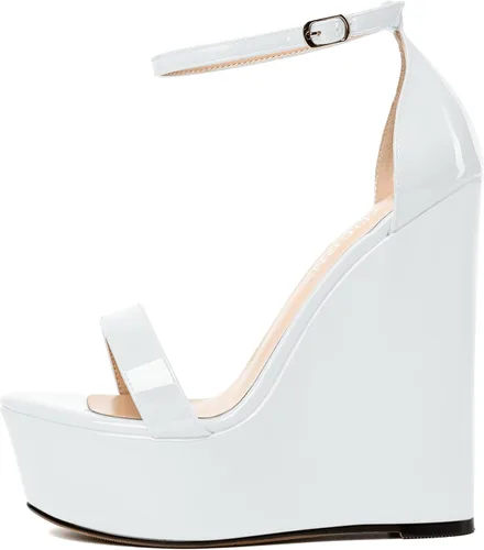 Vista 2 de WAYDERNS Sandalias de tacón alto con plataforma y correa de tobillo para mujer, con hebilla de noche, puntera abierta, de moda, de charol, de 6