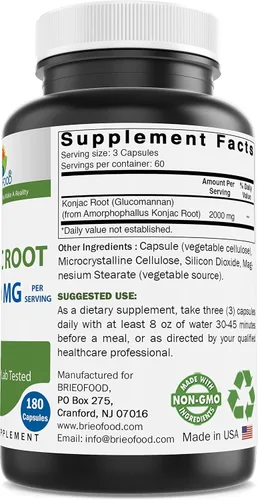 Vista 2 de Brieofood Konjac Root Glucomanano 2000 mg por porción - 180 Cápsulas Vegetarianas