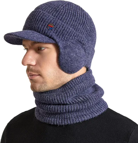 Vista 6 de Muryobao Gorro de invierno para hombre, con visera de punto, con forro polar y calentador de cuello