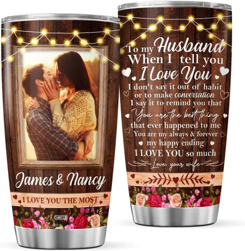 Vista 8 de CUBICER Vaso de café personalizado para aniversario de 10 años, estilo madera, regalo con foto con nombre personalizado para parejas, mujeres