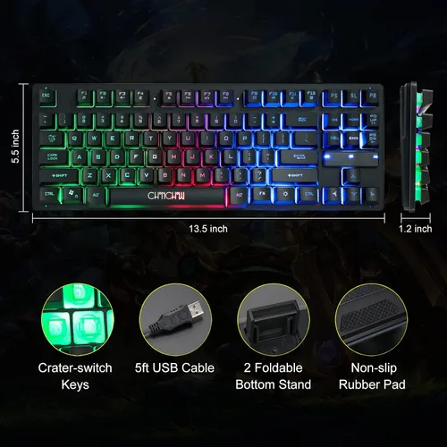 Vista 5 de CHONCHOW - Teclado compacto para juegos con cable USB de 87 teclas, teclado LED de arco iris, retroiluminado sin teclas, teclado TKL, teclado RGB