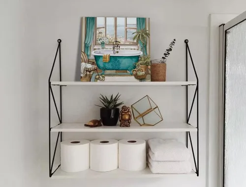 Vista 2 de LAIART Impresión en Lienzo para Baño Arte Decorativo de Pared Imagen de Bañera Verde Azulado Vista al Mar desde la Ventana Obra de Arte