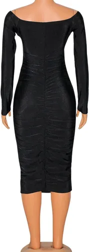 Vista 4 de Elainone Vestido midi entallado de manga larga con hombros descubiertos para mujer, vestido de invitada de boda, elegante, cóctel, fiesta, club