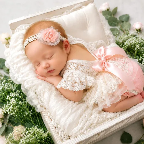 Vista 4 de ForBaysy Accesorios de Fotografía para Recién Nacidos Conjunto de Niña Mameluco de Encaje a Juego con Linda Diadema de Flores Vestido para Recién