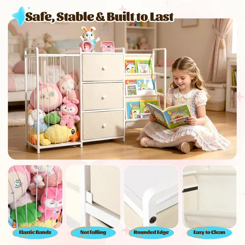 Vista 7 de Bookshelf and Toy Storage Organizer, 3-Tier Sling Book Rack with Stuffed Animal Storage and Toy Bins, Space Saving Bookcase for Bedroom, Playroom