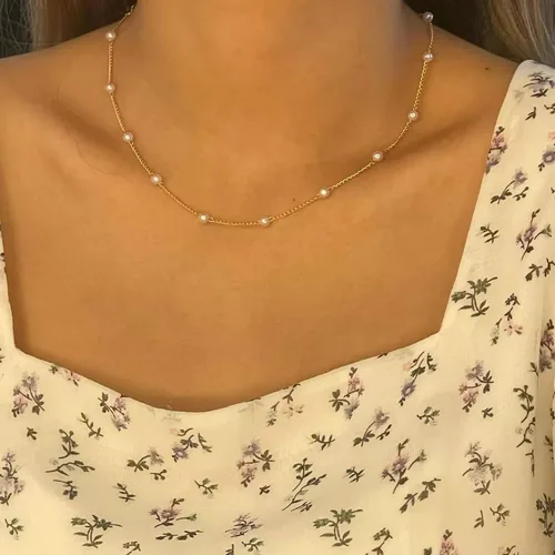 Vista 4 de Ieftop Collares de perlas para mujer, chapado en oro de 14 quilates, hecho a mano, delicado collar de cadena de perlas de agua dulce, collar