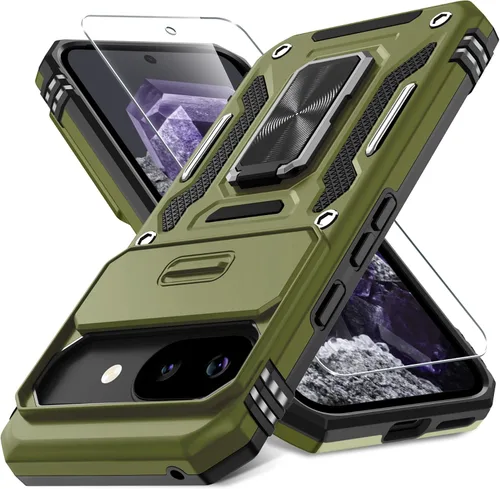 Vista 21 de DEERLAMN Funda para Google Pixel 8 con cubierta deslizante para cámara + protector de pantalla (1 paquete), soporte de anillo giratorio grado