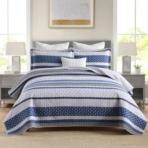 Vista 21 de Juego de ropa de cama con colcha Homzard tamaño individual - Juego de edredón 100% algodón, colcha de cama gris y azul para la cama, ropa de cama
