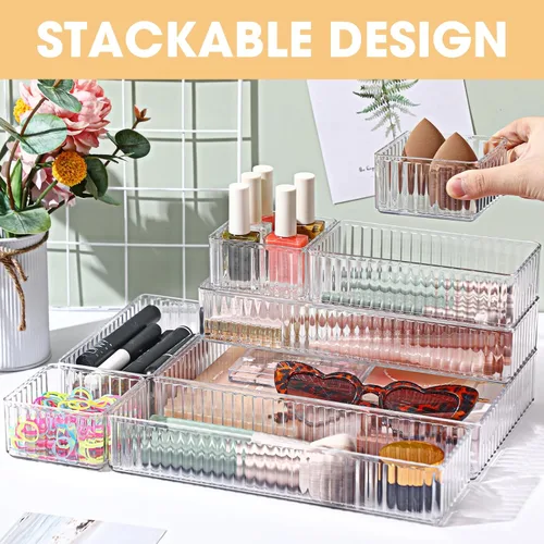 Vista 2 de Teenyyou Organizador de cajones apilables de 4 tamaños, bandejas de acrílico para almacenamiento de cosméticos, joyas, suministros de oficina