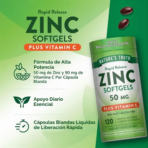 Vista 5 de Nature's Truth Zinc con vitamina C 50mg 120 cápsulas blandas