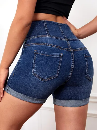 Vista 2 de Floerns Pantalones cortos de mezclilla casuales de cintura alta con botones para mujer