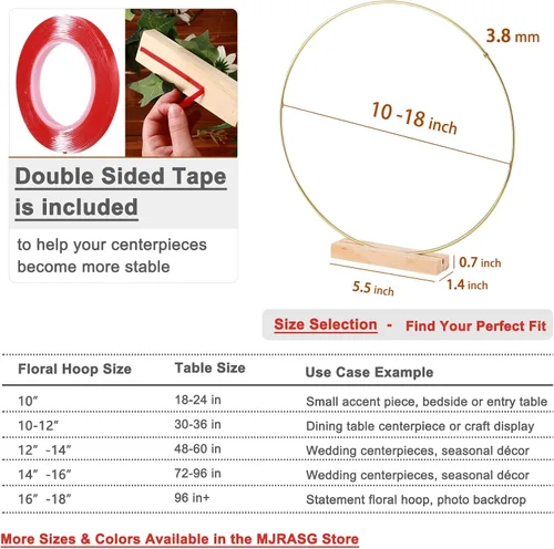 Vista 5 de Paquete de 10 aros florales con soporte de madera de 10 pulgadas, anillos de metal para centros de mesa de bricolaje, decoraciones de mesa
