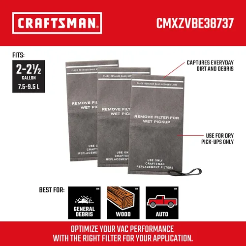 Vista 2 de CRAFTSMAN CMXZVBE38737 - Bolsas de filtro de repuesto para aspiradora de residuos generales genuinos en seco y húmedo con banda de retención