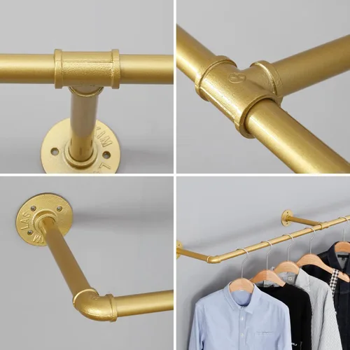 Vista 5 de Perchero industrial para ropa de tubería montado en la pared, estante de ropa vintage al por menor, estante de ropa, perchero de metal comercial