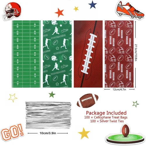 Vista 3 de Boerni 100 bolsas de aperitivos de fútbol, 4 estilos de juegos de pelota, rugby, fútbol, dulces, violonchelo, bolsas con lazos giratorios plateados