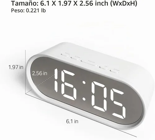 Vista 9 de mooas Reloj despertador digital Pop Mirror, reloj de escritorio LED rosa con luz nocturna, repetición, temperatura, funciona