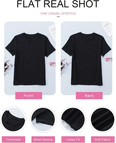 Vista 5 de EVALESS Camisetas de manga corta de verano para mujer, de moda, holgadas, casuales, sexy, cuello redondo, de algodón, básicas, camisetas