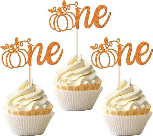 Vista 13 de 24 piezas de decoración de calabaza para cupcakes con purpurina temática de otoño, decoración de pasteles con temática de calabaza, cumpleaños